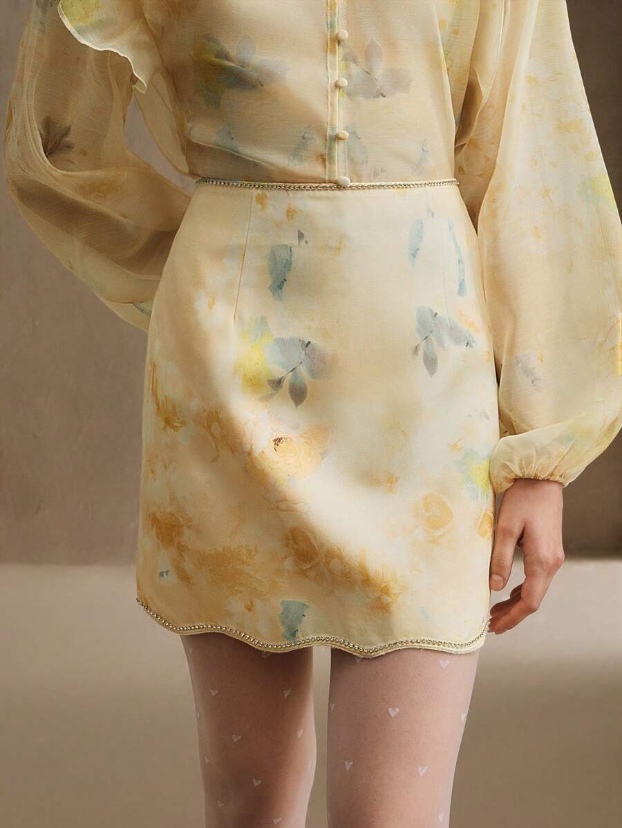 Anewsta Váy nữ mùa xuân/hè mới, thanh lịch, họa tiết hoa nhí, kiểu dáng nghỉ dưỡng, gấu váy lượn sóng, đính đá lấp lánh. - Vàng nhạt - Xem 1