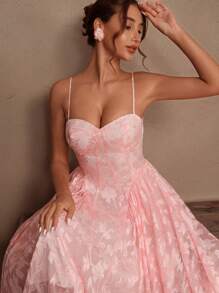 SHEIN Unity Spring, Summer, Festival, Valentine's, Elegant Party French Romantic Style Spaghetti Strap A-Line Midi Dress For Women - Pink - View 3