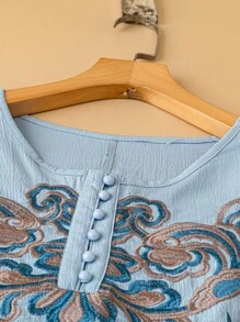 SHEIN LUNE Plus Size Women Embroidery Dress - Blue - View 3