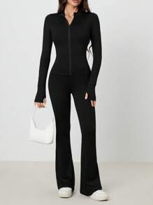 SHEIN Tall 2pcs/Set Women Solid Color Zip Up Long Sleeve Top And Wide Leg Long Pants,Summer Sets - Black - View 1