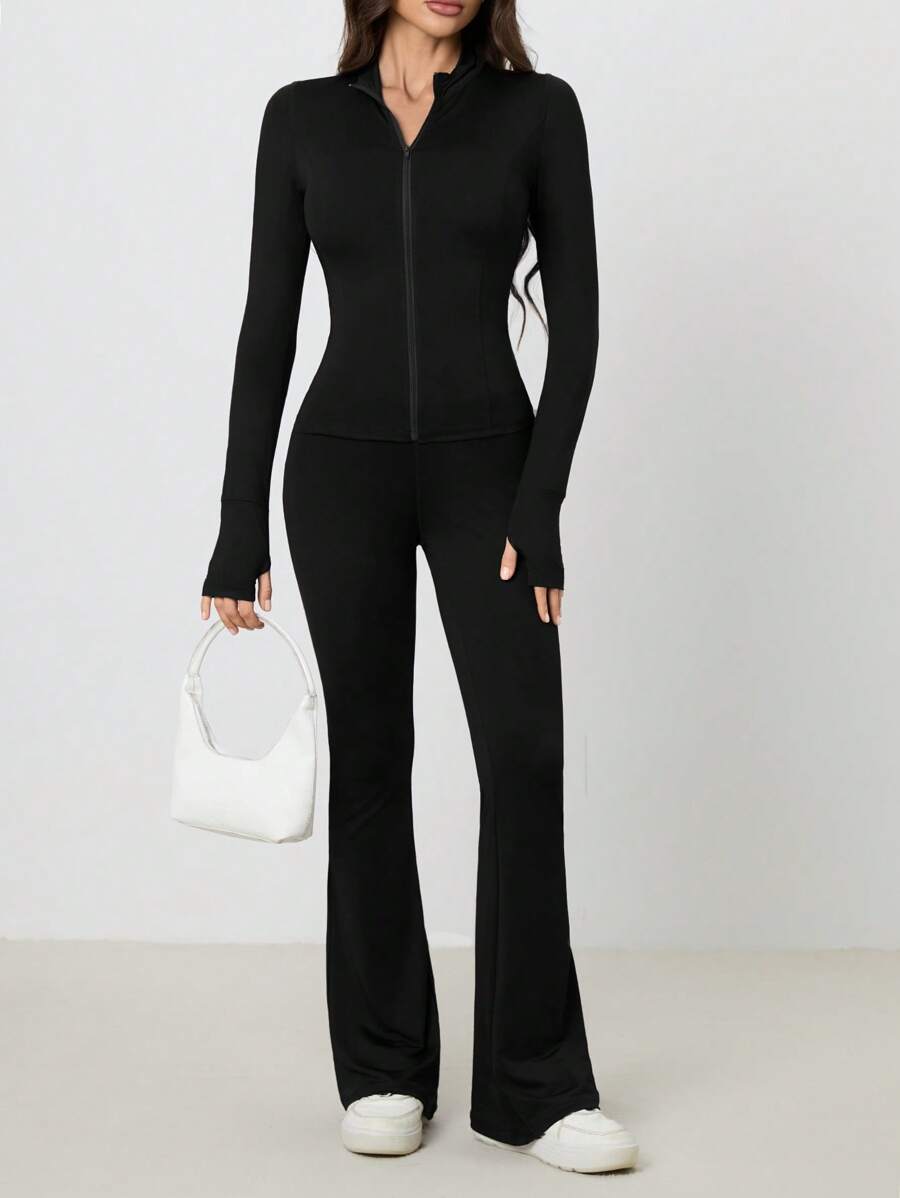 SHEIN Tall 2pcs/Set Women Solid Color Zip Up Long Sleeve Top And Wide Leg Long Pants,Summer Sets - Black - View 1