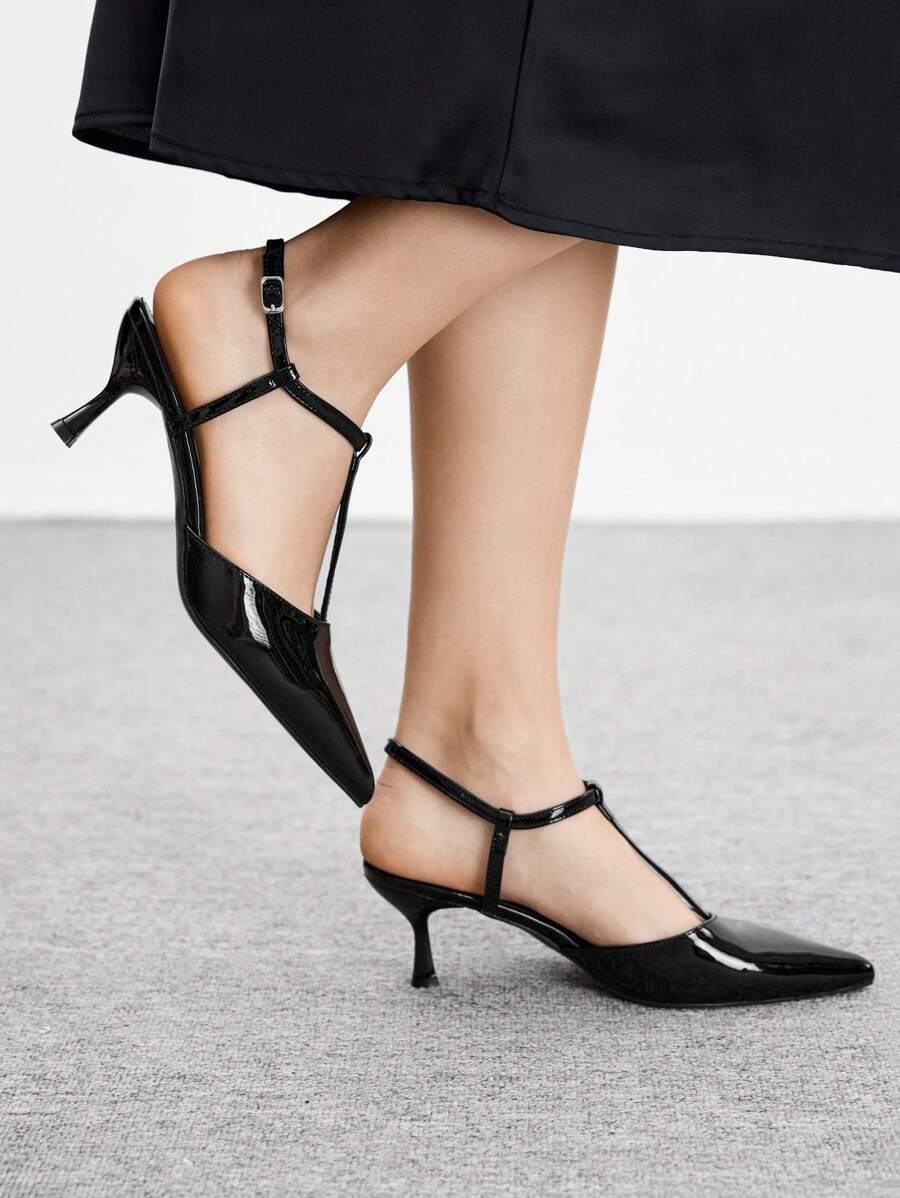 CUCCOO BIZCHIC Giày cao gót thấp gót thấp, quai ngang chữ T bằng da bóng màu đen, thời trang cho đi làm, hẹn hò, dự tiệc và các sự kiện dịp Giáng sinh. - màu đen - Xem 1