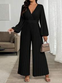 SHEIN Clasi 女式加大码优雅纯色 V 领灯笼袖长款连体裤 - 黑色 - 查看 4