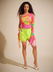 Vixey Colorful Ruffle Sheer Mesh Asymmetrical Neck Long Sleeve Top, Summer For Women, Easter, Festival For Women, Summer Tops, Rave, Cute Summer Tops - Multicolor - View 4