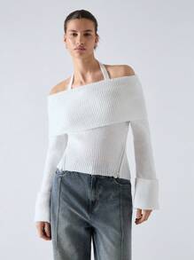 LYSMO 女士纯色露肩长袖侧拉链设计挂脖休闲毛衣，秋冬