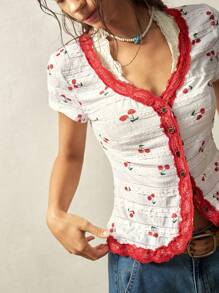 Bohemela Blusa de punto ajustada con cuello en V y estampado floral para mujeres, estilo minimalista apropiado para el verano