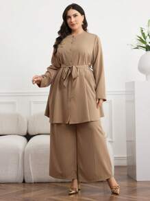 Veilorie Plus Size Women Embroidered Dress With Wide Leg Pleated Pants 2 Pieces Set - Apricot - View 6