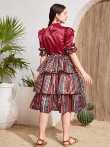 SHEIN Teen Girl Elegant Stand Collar Leg-Of-Gigot Sleeve Shirred Panel Shirt And Geometric Print Ruffle Hem Skirt 2 Pieces Set, Suitable For Ramadan, National Day, Eid Al-Fitr, Eid Al-Adha - Red - View 2