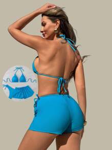 SHEIN Swim Frauen Frühlingsfest Einfarbig Träger Top ohne Bügel, Binden Bikinishorts & Badeshorts 3-teiliges Festival Boho Bademode Set, Sommer Urlaub Sport - Blau - Übersicht 1