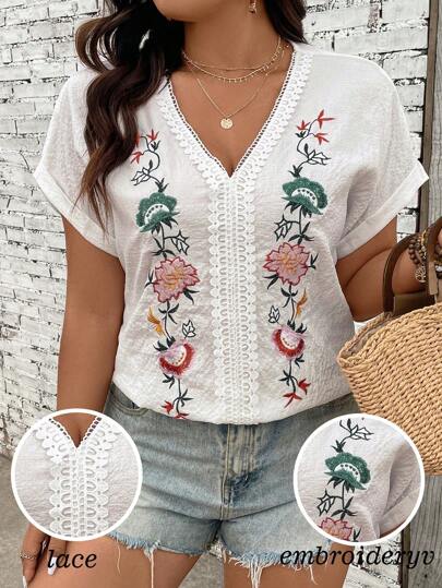 Breezaya 大码女式波西米亚风蝙蝠袖花卉刺绣衬衫，适合夏季穿着