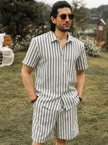 Manfinity Homme Men's Striped Short Sleeve Single-Breasted Shirt And Shorts Set - Beige - View 5
