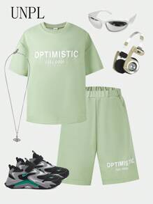 SHEIN Explorewe 2pcs/Set Tween Boys' Letter Print T-Shirt Set, Summer - Green - View 3