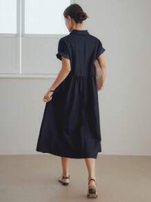 Dazy-Less Robe d'été mi-longue décontractée en lin à manches courtes, taille cintrée, couleur unie, style "Old Money", robe chemise décontractée pour femmes, tenue de professeur - Bleu marine - Voir 5