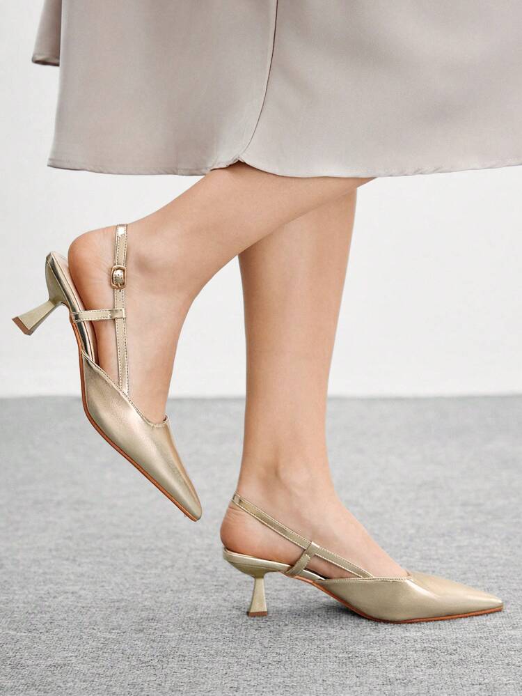 CUCCOO BIZCHIC Tacones medianos de color metálico sólido para copas de vino, tacones altos de piel sintética elegantes y clásicos para citas y fiestas