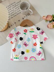 SHEIN 可爱花卉、蝴蝶、彩虹印花休闲简约女婴短袖圆领上衣，适合夏季 - 彩色 - 查看 3
