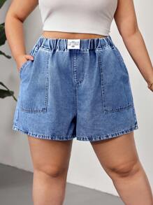 SHEIN CURVE+ Women's Blue Plus Size Denim Shorts Elastic Waistband Loose And Comfortable Shorts Summer Outfits, Curve Plus, Boho Vacation - Medium Wash - View 2