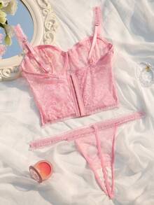 SHEIN 2 件套浪漫蕾丝荷叶边蝴蝶结装饰可爱甜美女士内衣套装 - 粉色 - 查看 2