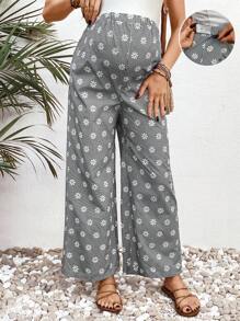 SHEIN Bohemian Ditsy Floral Maternity Pants, Minimalist & Fashionable For Summer - Black - View 1