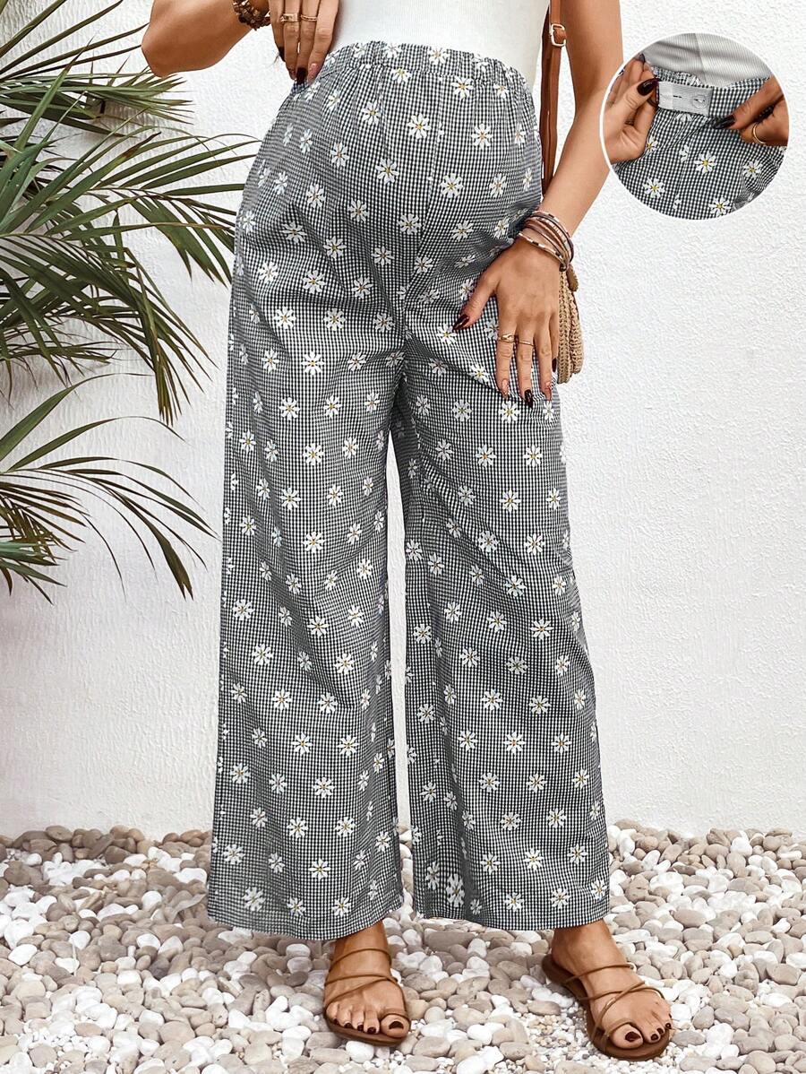 SHEIN Bohemian Ditsy Floral Maternity Pants, Minimalist & Fashionable For Summer - Black - View 1