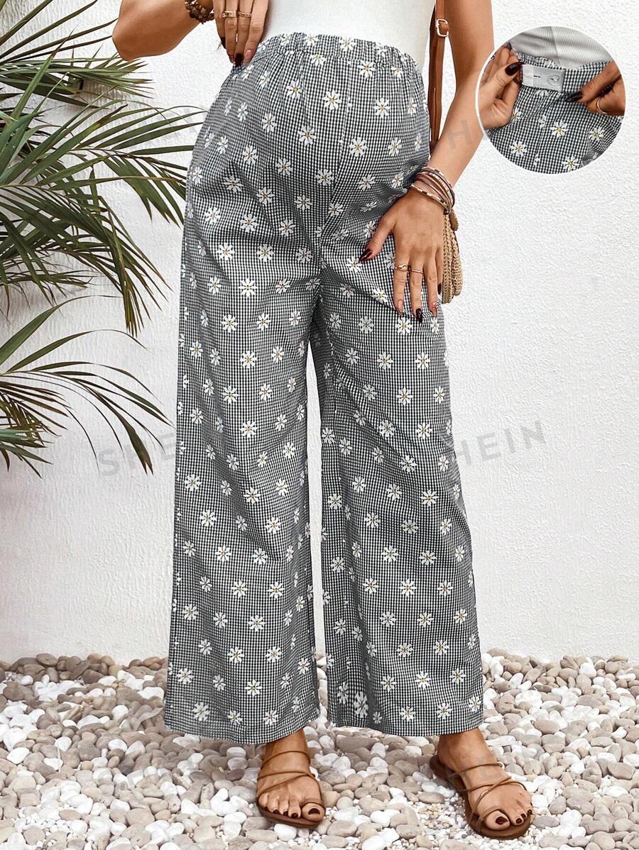 SHEIN Boho Ditsy Blumen Umstandshose, minimalistisch und modisch für den Sommer - Schwarz - Übersicht 1