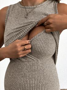 SHEIN Maternity Casual Solid Color Sleeveless Fitted Nursing Dress, Summer - Apricot - View 3