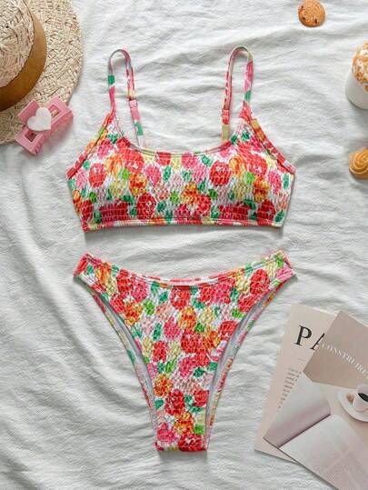 SHEIN 女士花卉印花吊带性感比基尼泳装套装
