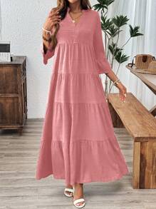 EMERY ROSE Plain Texture Flared Sleeves Ruffle Hem Cover Up Dress,Summer Dresses For Women - Pink - View 5