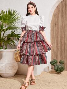 SHEIN Teen Girl Elegant Stand Collar Gigot Sleeve Ruched Shirt & Geometric Print Ruffle Hem Skirt 2 Pieces Set, Suitable For National Day - White - View 3