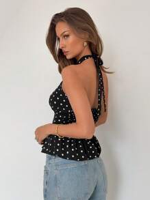 Breezaya 女士夏季 V 领露背腰荷叶边波尔卡圆点春季音乐节背心 - 黑色 - 查看 2