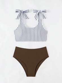 SHEIN Swim Bộ đồ bơi bikini hai mảnh thắt nút sọc đi biển mùa hè cho nữ (Họa tiết ngẫu nhiên) - Nhiều màu - Xem 3