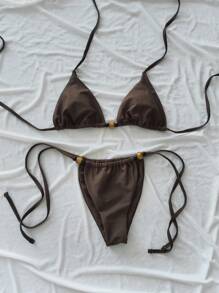 SHEIN Swim Plain Bright Material Beaded Triangle Bikini, Vacation Style For Summer - Brown - View 3