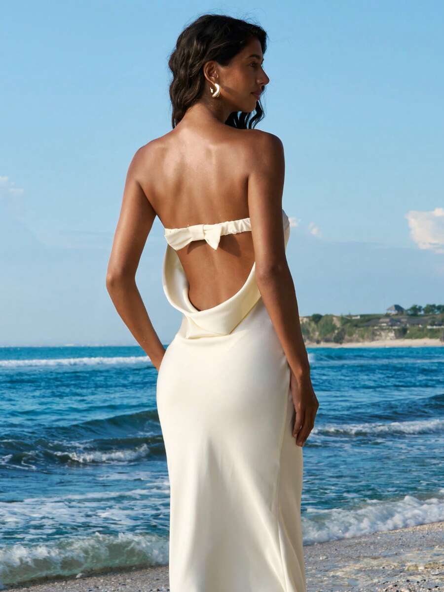 Opulessa 1pc Women Beach Solid Color Woven Backless Halter Fish Tail Dress, Summer Beach Outfits, Elegant Dresses Party, Luxury Evening Dresses For Weddings - Beige - View 1