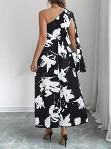 SHEIN Unity Plus Size Women's One-Shoulder Single Sleeve Design Waist Cinched Twisted Rope Pleated Hemline Floral Print Colorblock Dress - Black - View 2