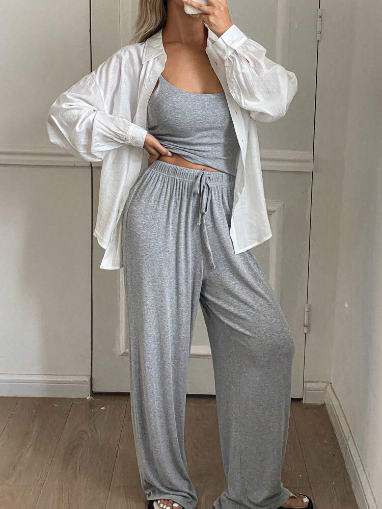 3pcs/Set Women Lounge Wear Set, Includes Knit Camisole, Button-Down Shirt And Relaxed Pants Pajama