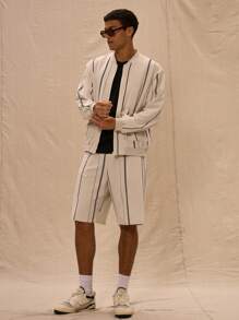 Musero 条纹前袋细节，袖口收紧的飞行员夹克（仅限一件） - 米色 - 查看 4