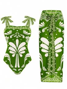 Women's Summer Positioning Printed Swimsuit & Positioning Printed Tunic Cover Up - Black - View 1