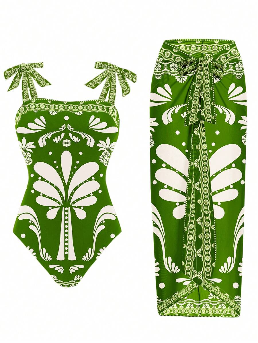 Women's Summer Positioning Printed Swimsuit & Positioning Printed Tunic Cover Up - Black - View 1