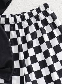 2pcs/Set Kids Tween Boys Casual Street Fashion Letter Print Pattern Round Neck Loose T-Shirt And Plaid Printed Shorts Knit Set, Suitable For School, Garden, Beach, Birthday, Spring, Summer, Autumn, Winter Seasons - Royal Blue - View 6