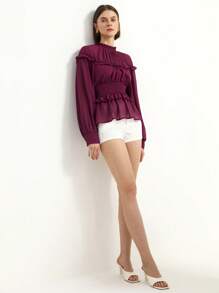 Revavyn 女士复古荷叶边袖雪纺衬衫 - 酒紅色 - 查看 4