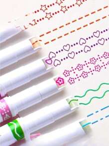 6pcs Highlighter Pen Notebook Curve Pen Roller Flower Pen Double-Head Printing Contour Pen Creative Wave Flower Ball Pen Back To School