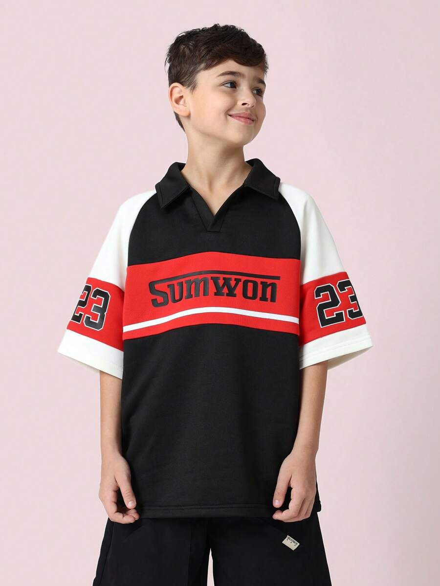 SUMWON 运动校队 Polo 橄榄球衫 青年运动队球衣 23 号春夏休闲校服透气运动街头服饰 - 黑色 - 查看 1