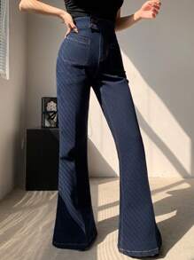 DAZY 女士舒适优雅喇叭裤，夏季新款低腰牛仔裤 - 藍色 - 查看 5