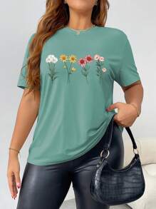 INAWLY Plus Size Women Floral Print Round Neck Short Sleeve T-Shirt, Casual For Summer - Mint Green - View 1