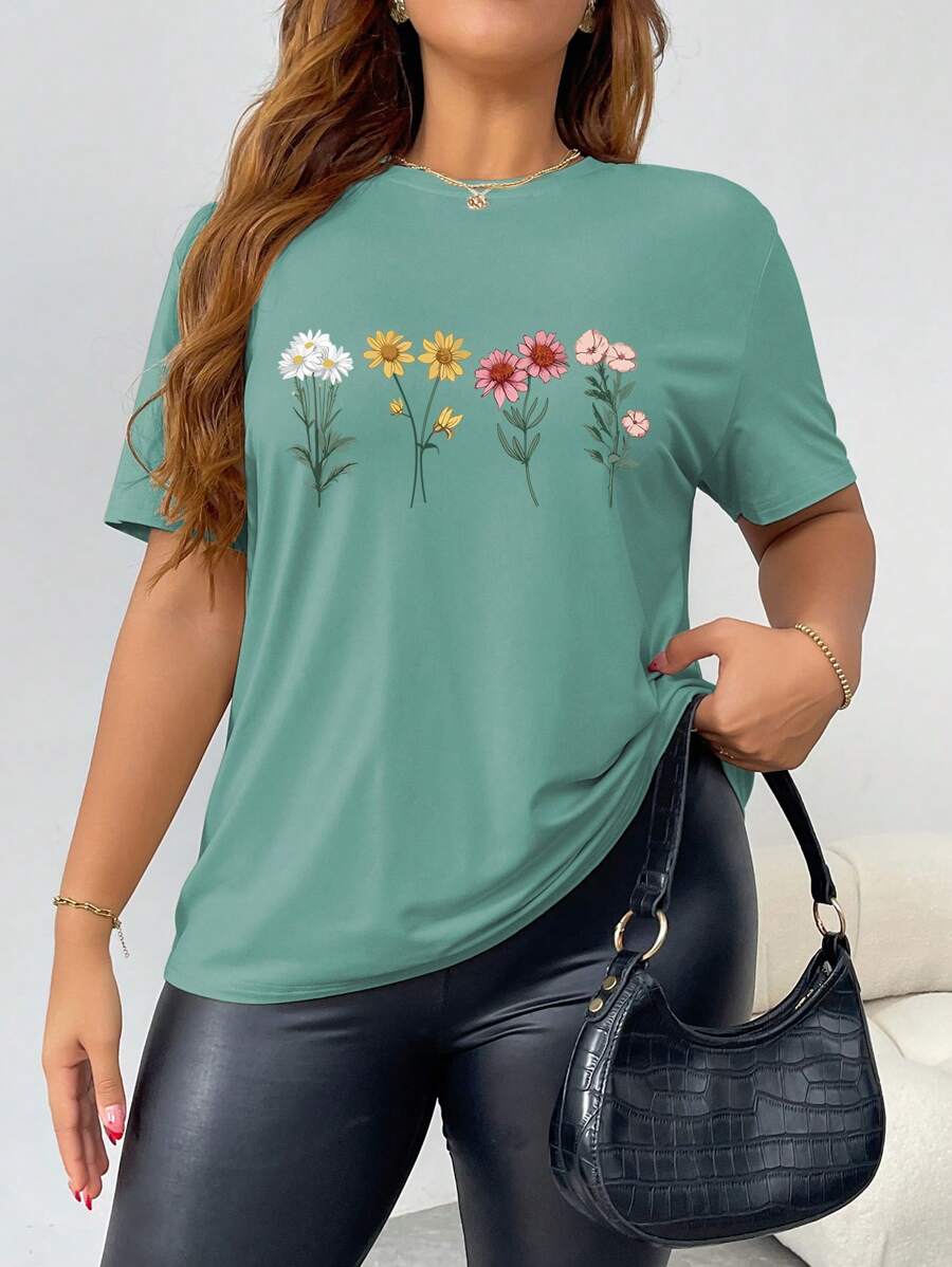 INAWLY Plus Size Women Floral Print Round Neck Short Sleeve T-Shirt, Casual For Summer - Mint Green - View 1