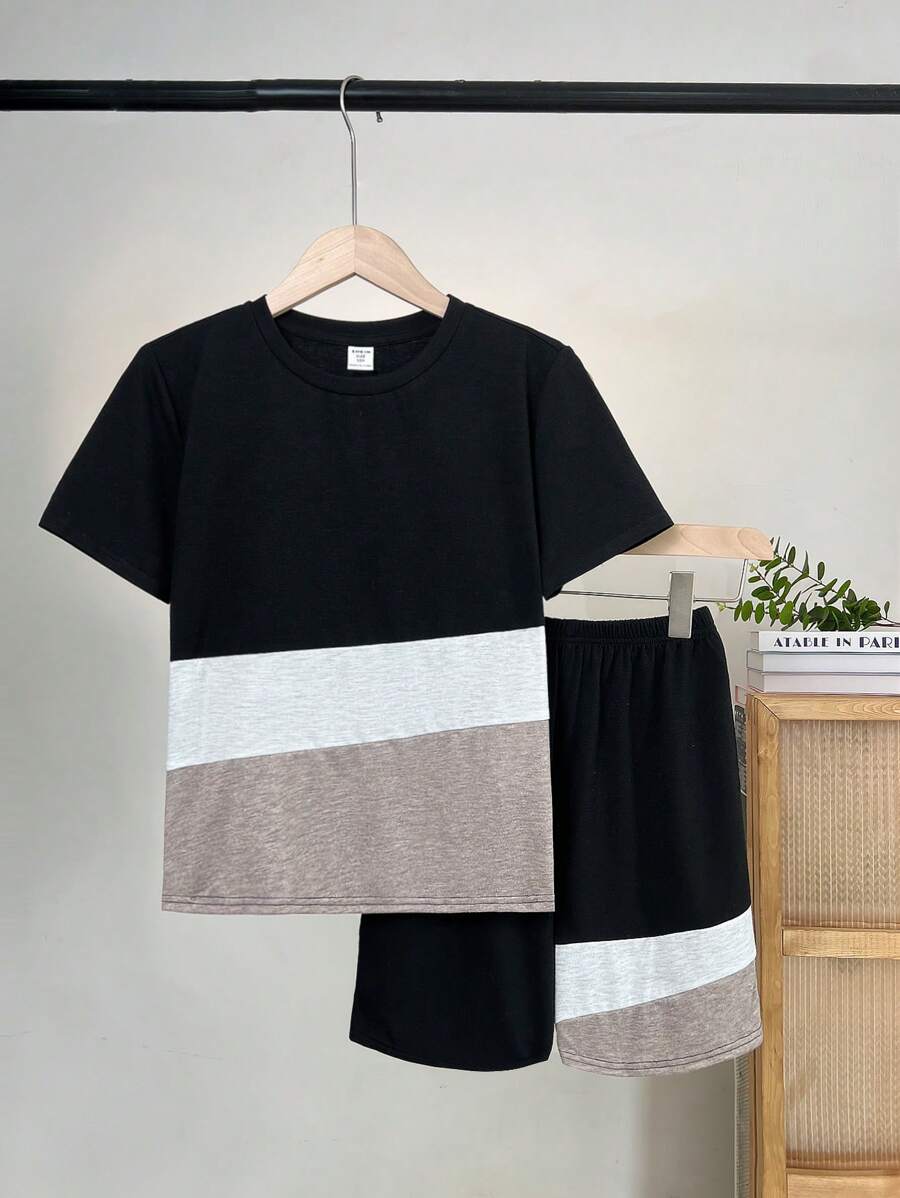 Tween Boy Contrast Panel Round Neck Short Sleeve Top & Shorts Knit Comfortable Casual 2 Pieces Sleepwear Set - Black - View 1