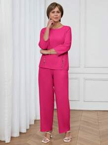 Miaspire 2pcs Women Casual Commute Solid Color Shirt And Pants Set,Summer Sets