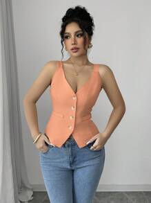 Selianne Áo ba lỗ cài nút phía trước màu trơn đơn giản cho nữ, mùa hè - trái cam - Xem 4