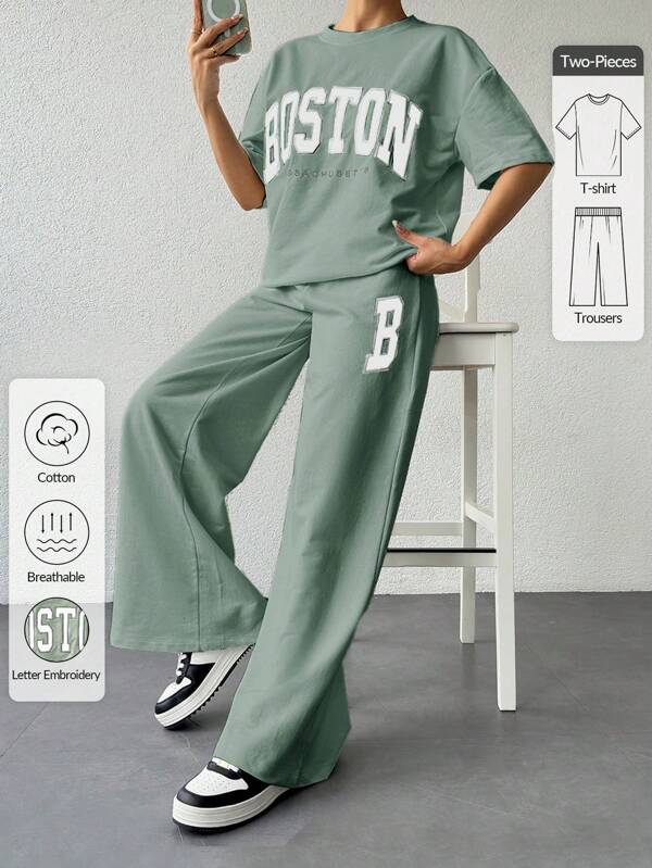 RueChic Țesătură 100% bumbac Tricou și pantaloni cu broderie Boston pentru femei, ocazional confortabil, ținută în două piese