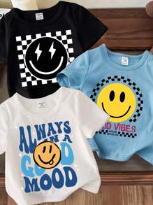 SHEIN 3pcs Casual "SMILE, Baby Boy" Letter Graphic Round Neck Short Sleeve Top, Suitable For Summer