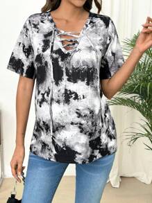 SHEIN Áo thun dây chéo nhuộm loang thời trang cho phụ nữ mang thai, mùa hè - Đen và trắng - Xem 5